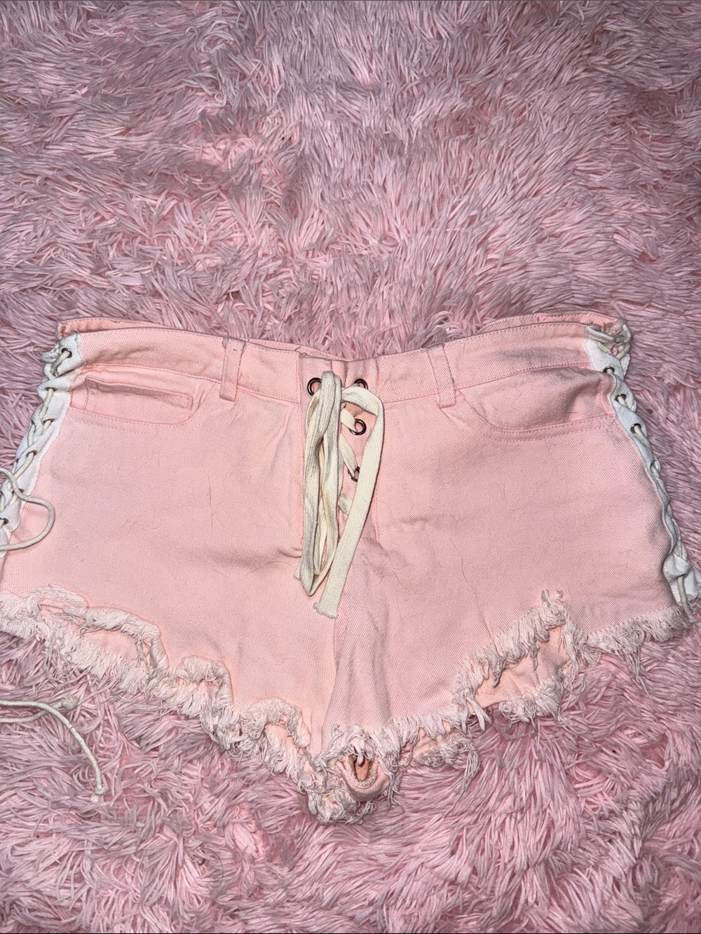 Hot & Delicious Light Pink Lace-Up Frayed Denim Shorts